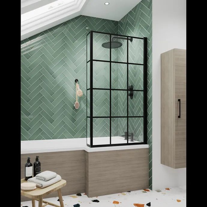 1800MM L SHAPE SHOWER BATH, PANEL AND MATT BLACK GRID SCREEN