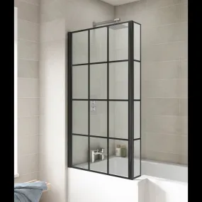 1800MM L SHAPE SHOWER BATH, PANEL AND MATT BLACK GRID SCREEN