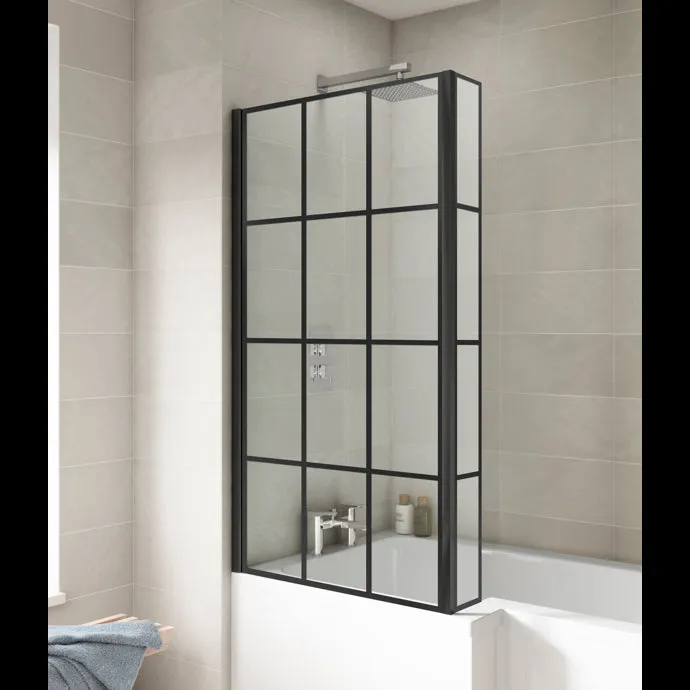 1800MM L SHAPE SHOWER BATH, PANEL AND MATT BLACK GRID SCREEN