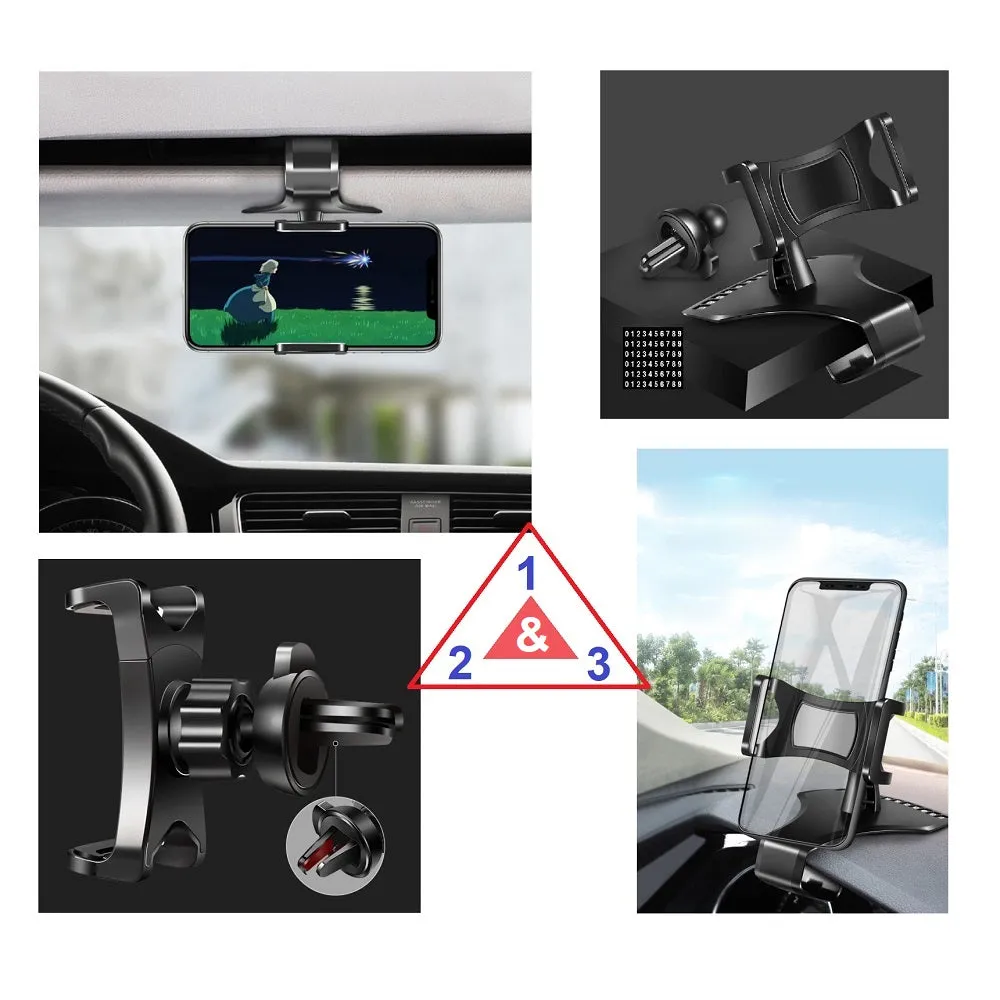 3 in 1 Car GPS Smartphone Holder: Dashboard / Visor Clamp   AC Grid Clip for Freetel Samurai Rei / Arsenal VR One - Black