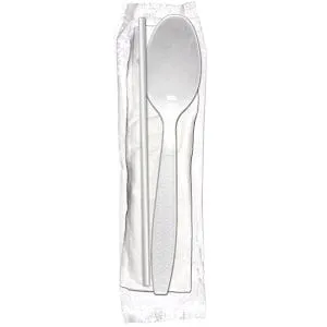 3 Piece Kit White Heavy Weight Teaspoon-Milk Straw-8" x 10" Napkin, Case of 1,000