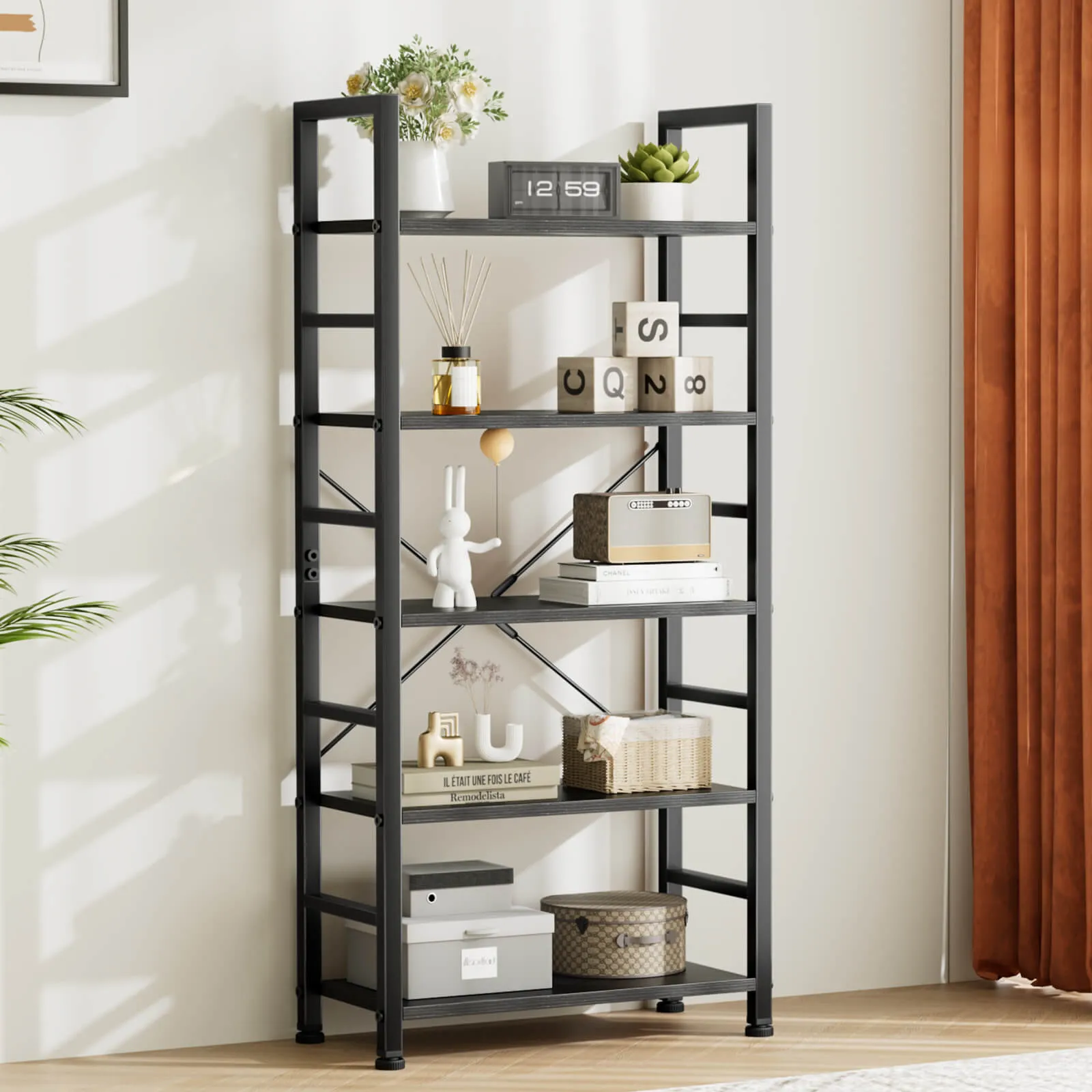 5-Tier Bookcase - Tall Bookshelf Modern Book Case for Books, Garage Kit, CDs, Movies,  for Bedroom Home Office Kitchen Living Room