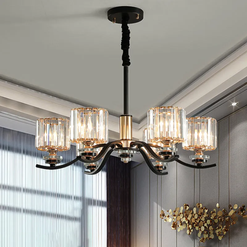 6-Bulb Black Crystal Prisms Bedroom Chandelier with Cylinder Hanging Ceiling Light
