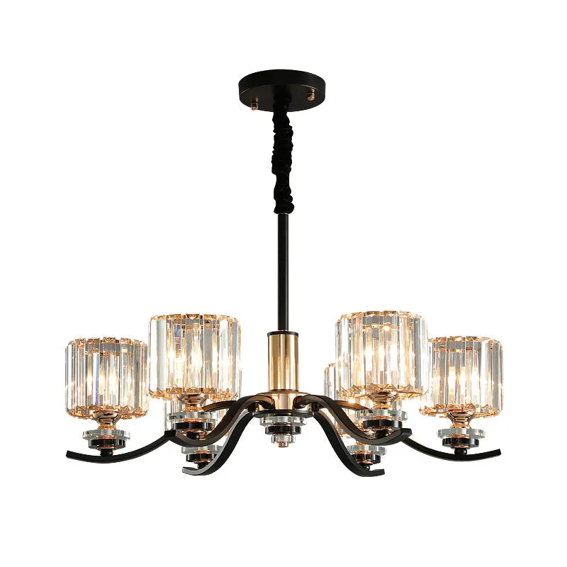 6-Bulb Black Crystal Prisms Bedroom Chandelier with Cylinder Hanging Ceiling Light