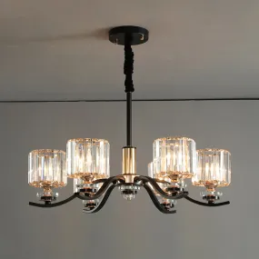 6-Bulb Black Crystal Prisms Bedroom Chandelier with Cylinder Hanging Ceiling Light