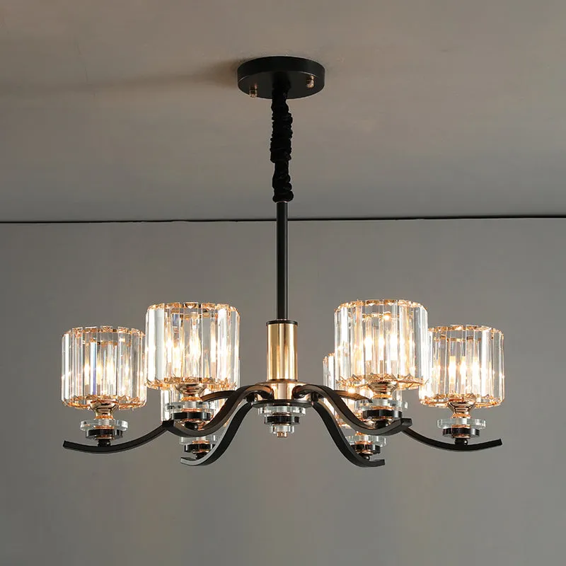 6-Bulb Black Crystal Prisms Bedroom Chandelier with Cylinder Hanging Ceiling Light