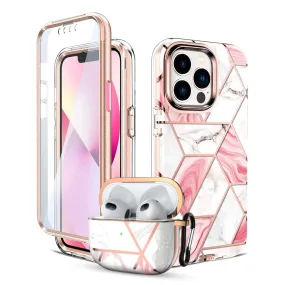 Apple iPhone 13 Pro Case  Air Pods 3rd Generation Case | Marble Shockproof Bumper Stylish Slim Phone Cases | Pink