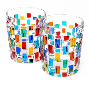 Bossanova Juice, Water, Whiskey Glass, Set of 2 Hand-Painted Italian Crystal