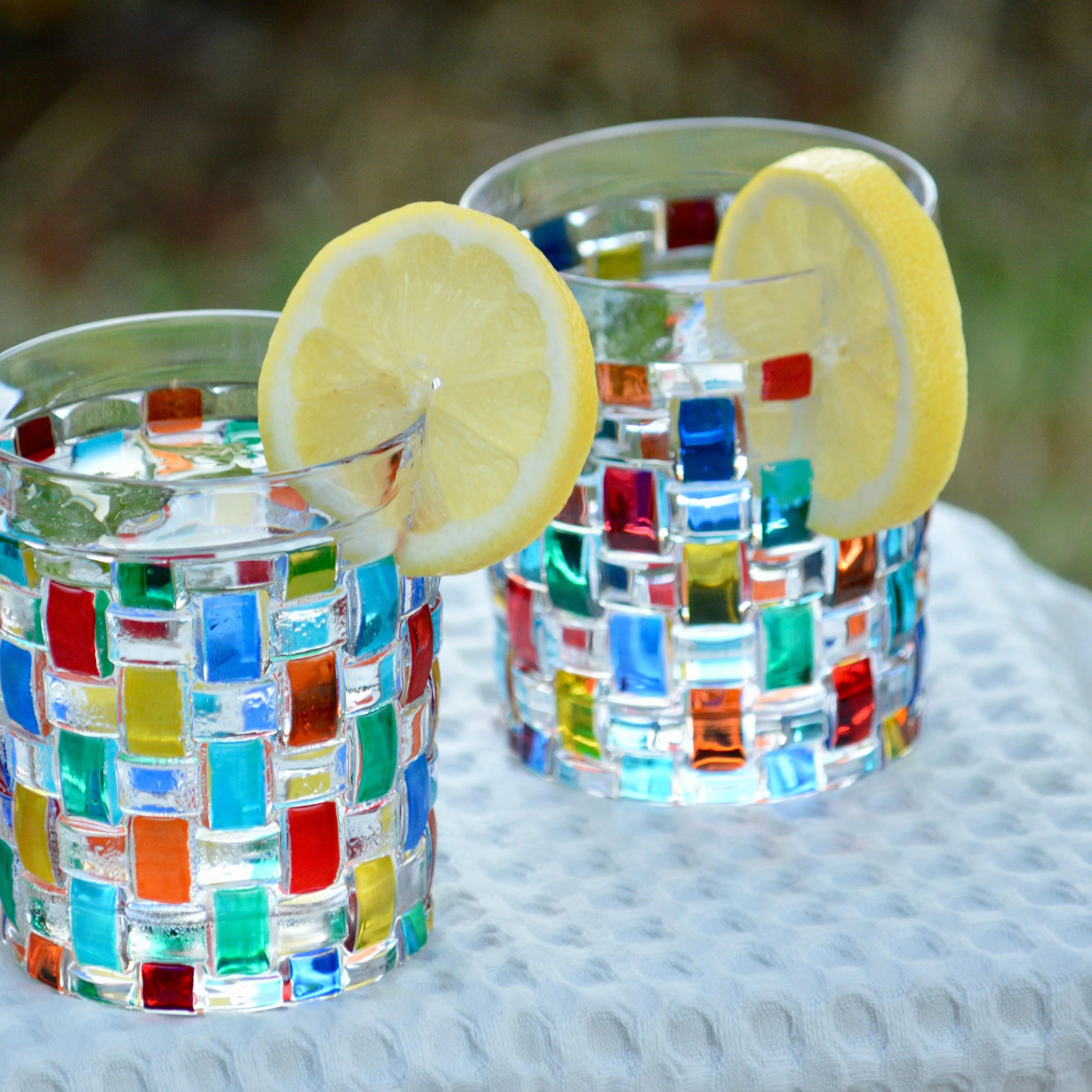 Bossanova Juice, Water, Whiskey Glass, Set of 2 Hand-Painted Italian Crystal