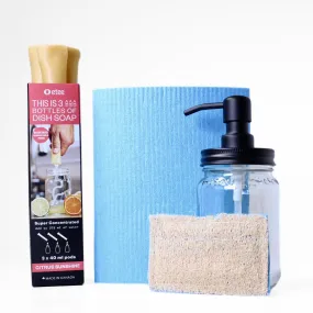 Citrus Dishwashing Kit - Citrus Dish Soap, Cellulose Cloth, Loofie Scrubber & Glass Dispenser