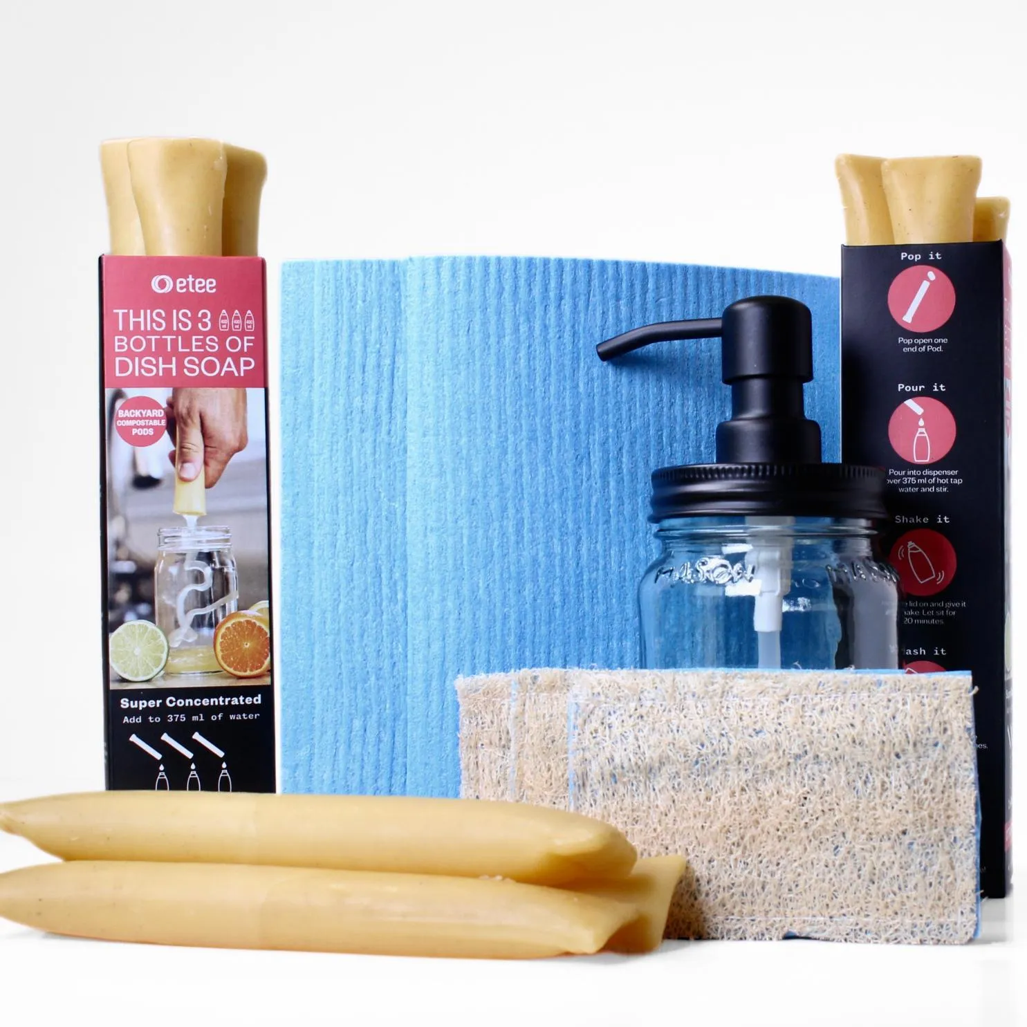Citrus Dishwashing Kit - Citrus Dish Soap, Cellulose Cloth, Loofie Scrubber & Glass Dispenser