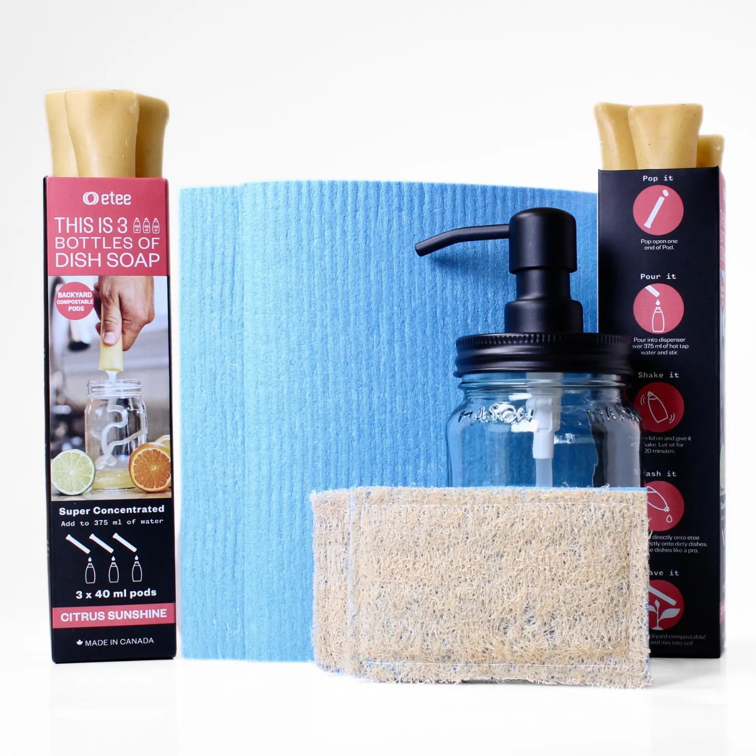 Citrus Dishwashing Kit - Citrus Dish Soap, Cellulose Cloth, Loofie Scrubber & Glass Dispenser