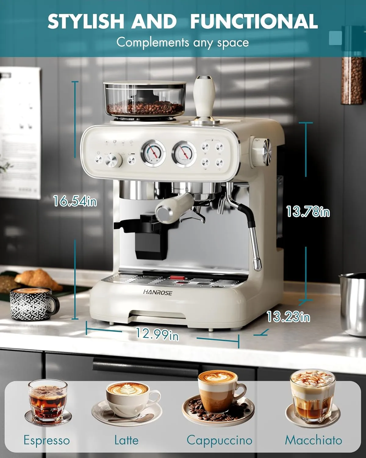 Espresso Machine with Grinder, 20 Bar Espresso Machine with Milk Frother Steam Wand – All in One Espresso