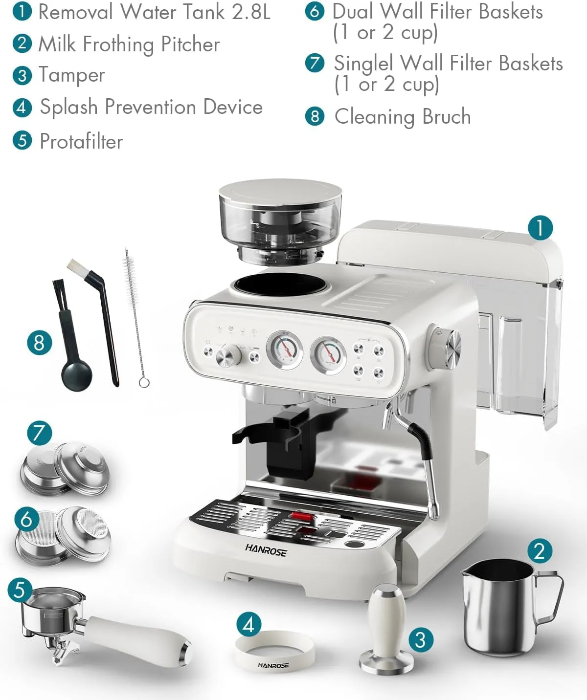 Espresso Machine with Grinder, 20 Bar Espresso Machine with Milk Frother Steam Wand – All in One Espresso
