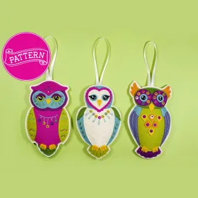 Fletcher, Cecil, and Orville Set of 3 Owl Felt Ornaments PDF Patterns
