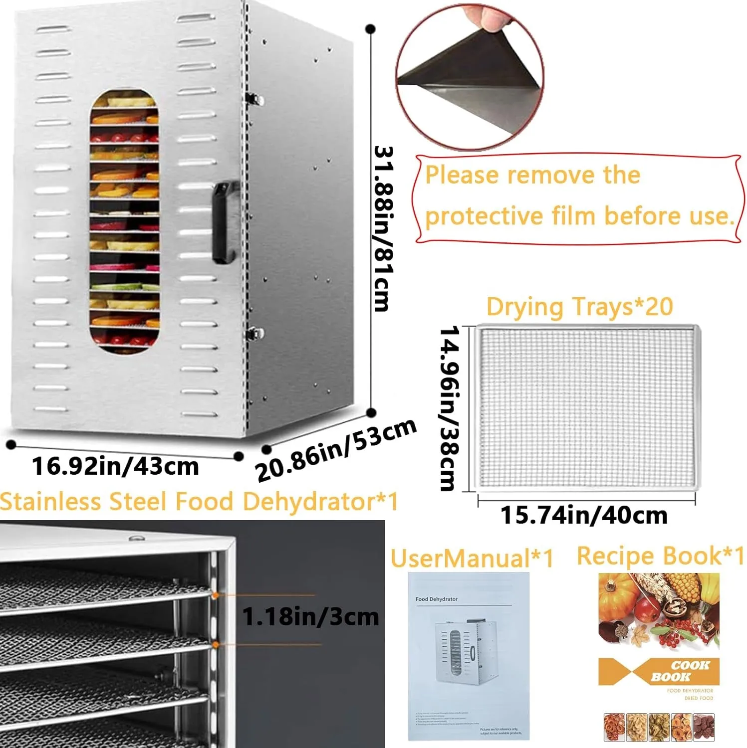 Food Dehydrator 20 Stainless Steel Trays, Food Dryer Machine for Fruit, Vegetables and Meat,