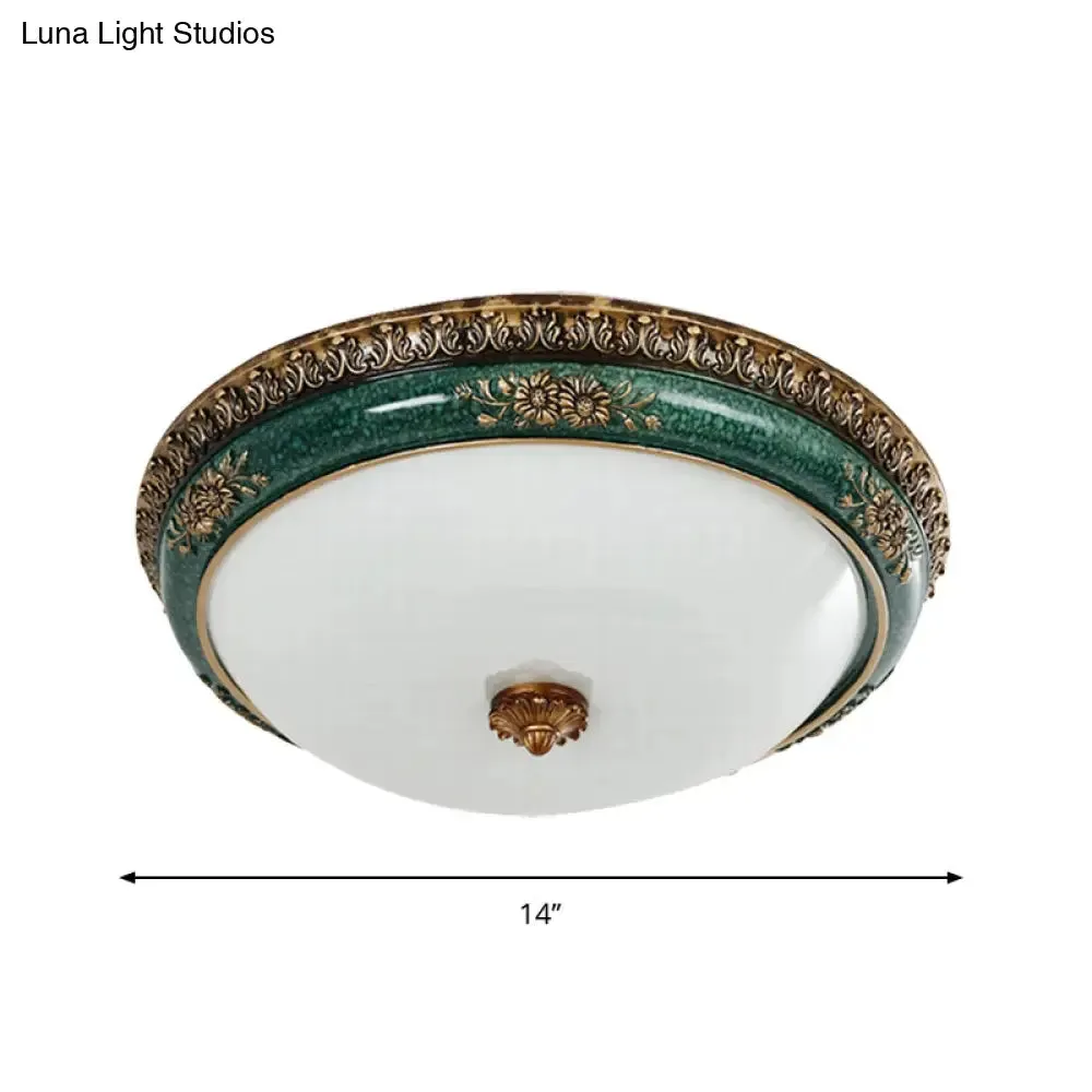 Green LED Flush Ceiling Light Fixture with Retro Opal Glass Bowl - Ideal for Bedroom - Sizes: 14"/16"/19.5" W