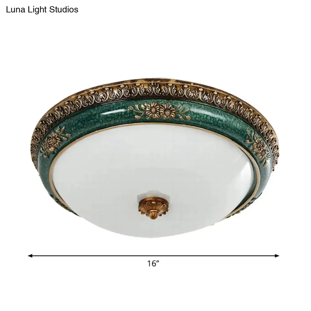 Green LED Flush Ceiling Light Fixture with Retro Opal Glass Bowl - Ideal for Bedroom - Sizes: 14"/16"/19.5" W