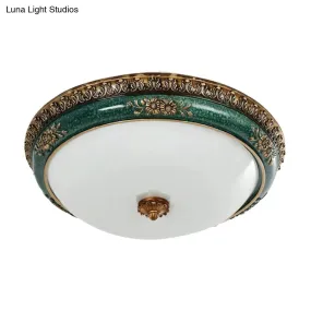 Green LED Flush Ceiling Light Fixture with Retro Opal Glass Bowl - Ideal for Bedroom - Sizes: 14"/16"/19.5" W
