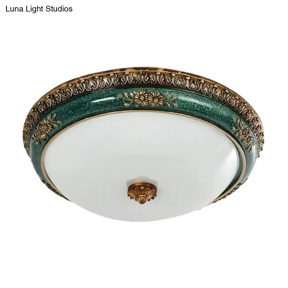 Green LED Flush Ceiling Light Fixture with Retro Opal Glass Bowl - Ideal for Bedroom - Sizes: 14"/16"/19.5" W