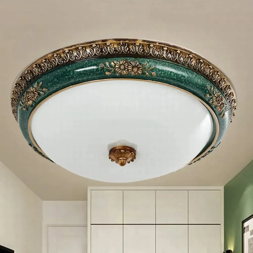 Green LED Flush Ceiling Light Fixture with Retro Opal Glass Bowl - Ideal for Bedroom - Sizes: 14"/16"/19.5" W