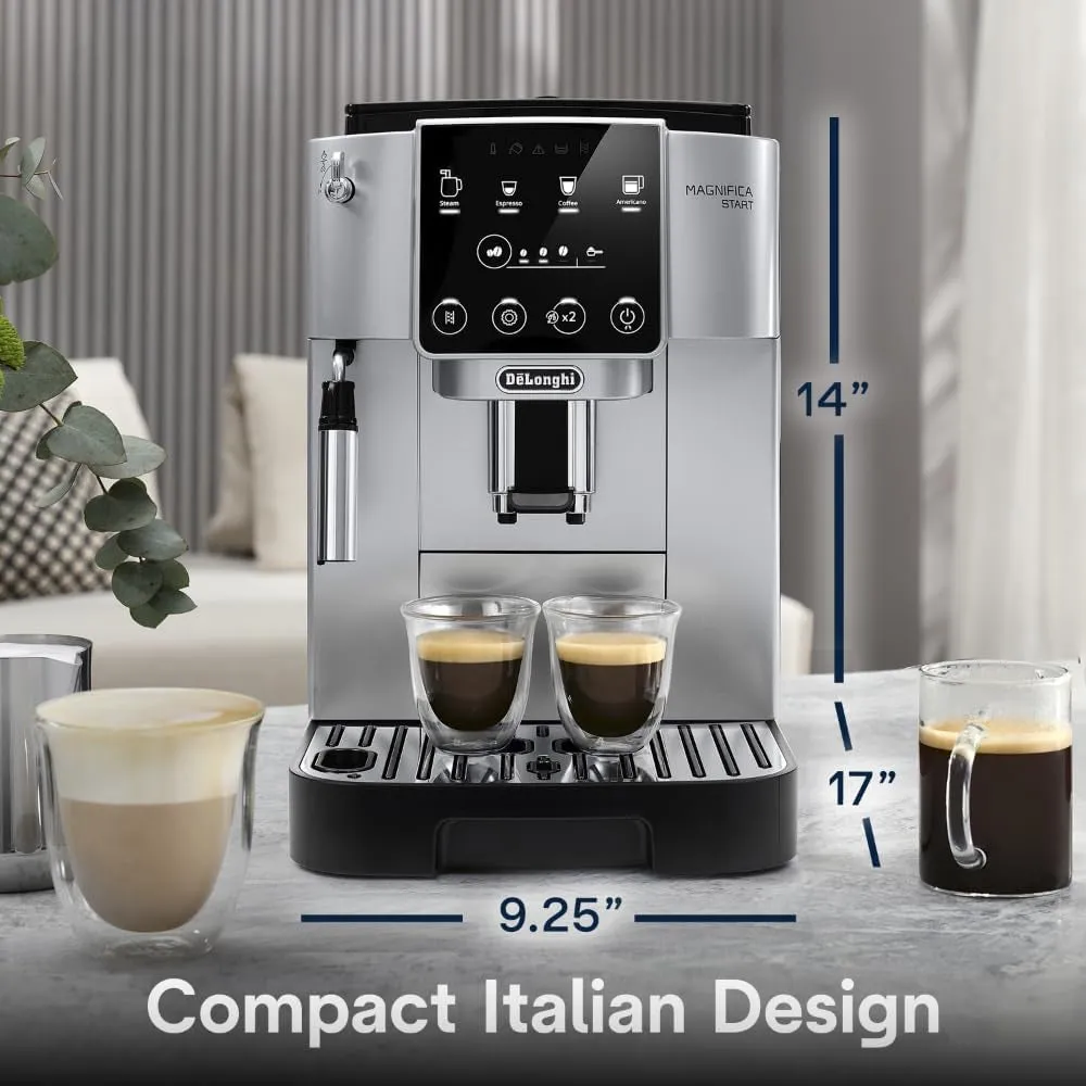 Magnifica Start Automatic Espresso & Coffee Machine with Manual Milk Frother for Latte, Cappuccino, Built-In Grinder, Silver, ECAM22022SB