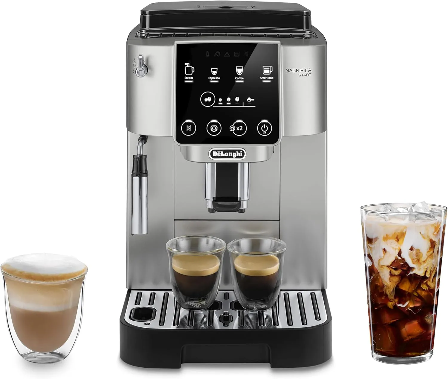 Magnifica Start Automatic Espresso & Coffee Machine with Manual Milk Frother for Latte, Cappuccino, Built-In Grinder, Silver, ECAM22022SB