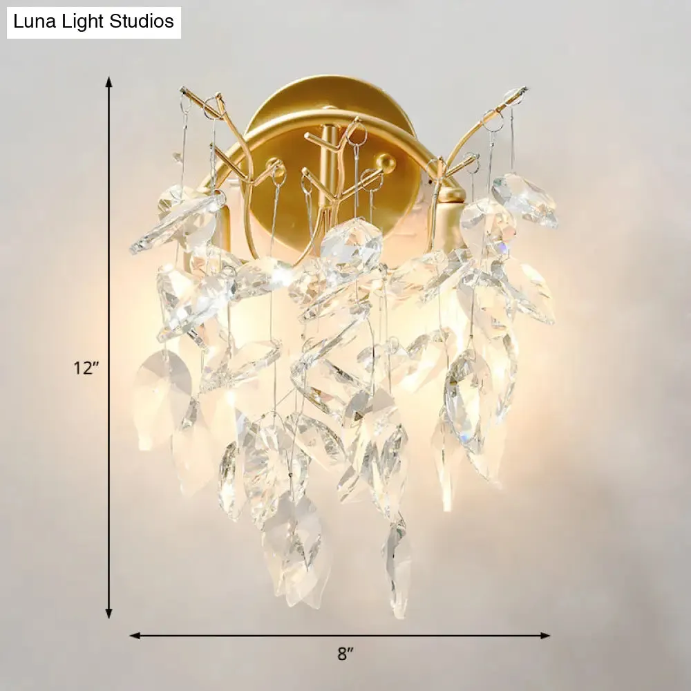 Modern Crystal Wall Mount Sconce Light Fixture with Leaf Faceted Design - 4 Lights - Brass Finish