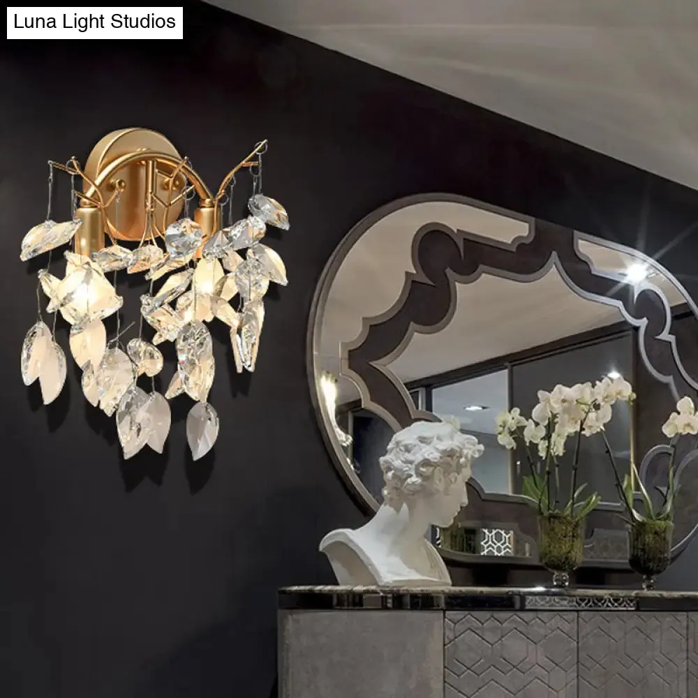 Modern Crystal Wall Mount Sconce Light Fixture with Leaf Faceted Design - 4 Lights - Brass Finish