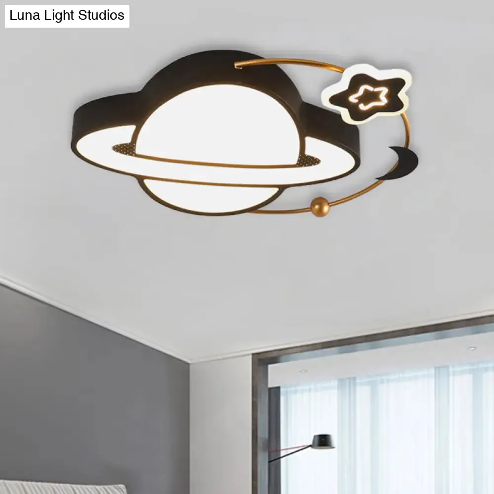 Modern LED Planet Flush Mount with Moon and Star Design - Black Acrylic Ceiling Light Fixture