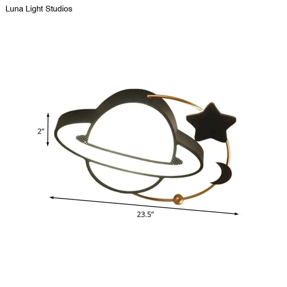 Modern LED Planet Flush Mount with Moon and Star Design - Black Acrylic Ceiling Light Fixture