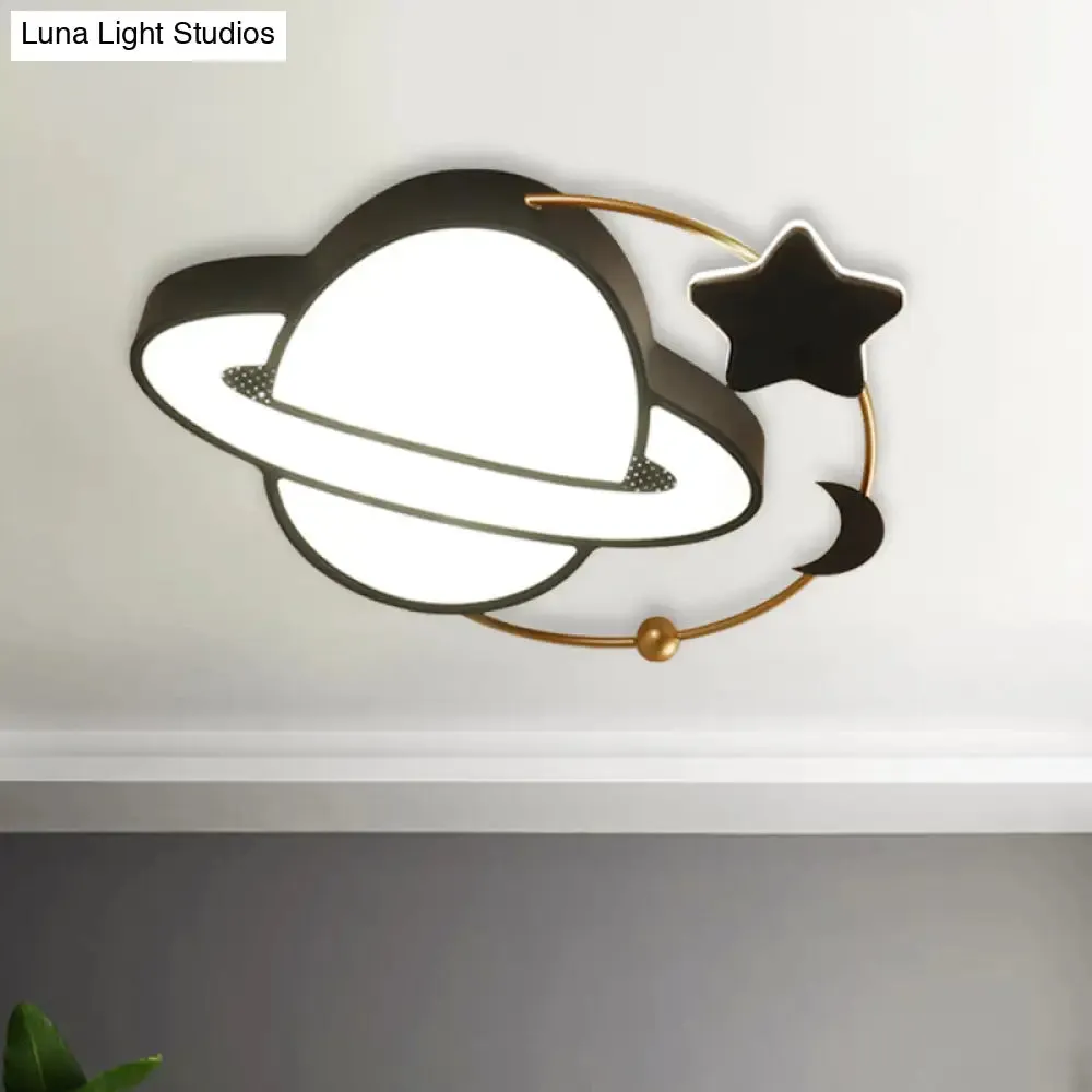 Modern LED Planet Flush Mount with Moon and Star Design - Black Acrylic Ceiling Light Fixture