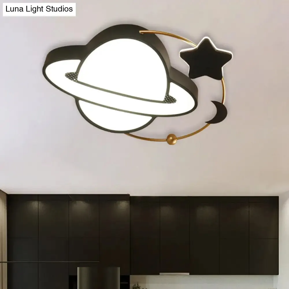 Modern LED Planet Flush Mount with Moon and Star Design - Black Acrylic Ceiling Light Fixture