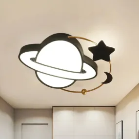 Modern LED Planet Flush Mount with Moon and Star Design - Black Acrylic Ceiling Light Fixture