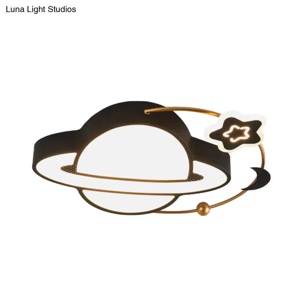 Modern LED Planet Flush Mount with Moon and Star Design - Black Acrylic Ceiling Light Fixture