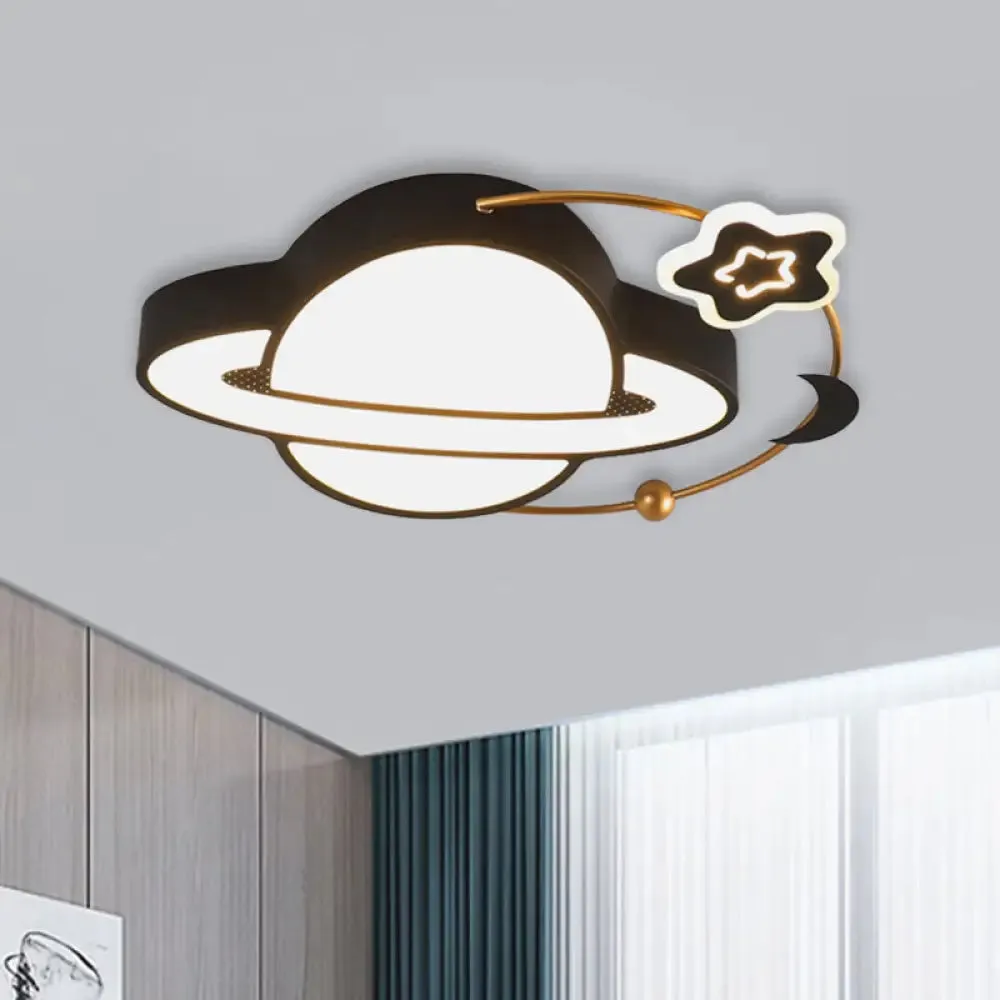 Modern LED Planet Flush Mount with Moon and Star Design - Black Acrylic Ceiling Light Fixture
