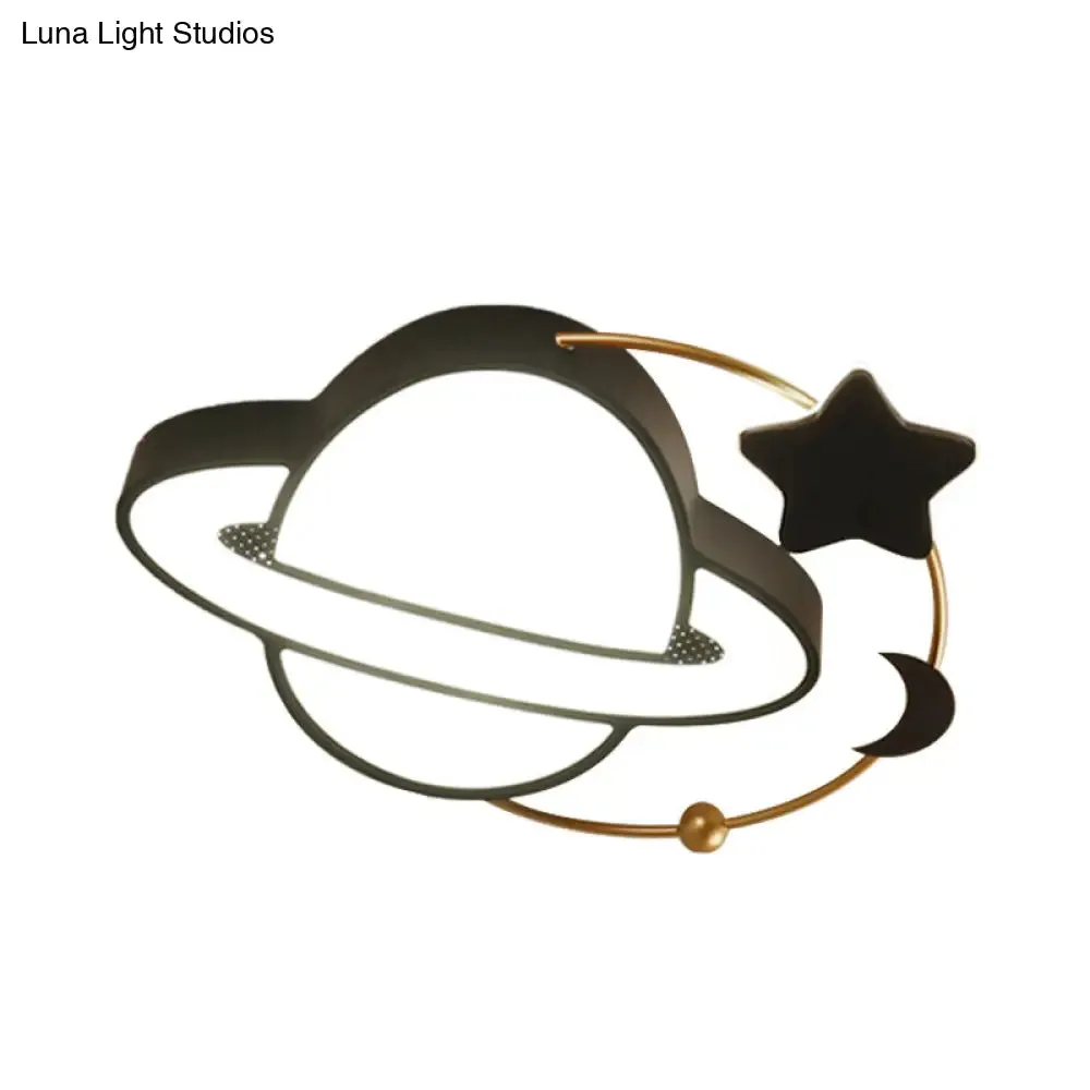 Modern LED Planet Flush Mount with Moon and Star Design - Black Acrylic Ceiling Light Fixture