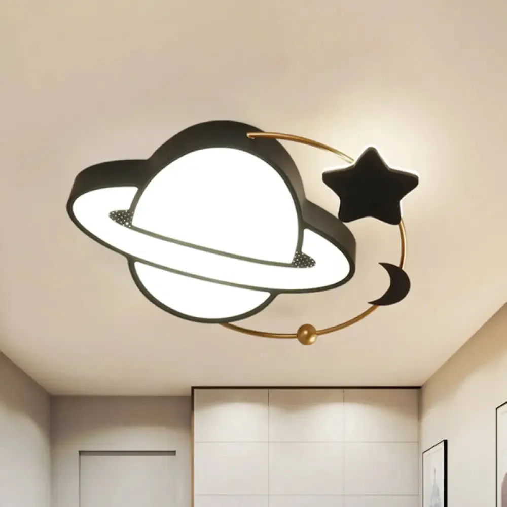 Modern LED Planet Flush Mount with Moon and Star Design - Black Acrylic Ceiling Light Fixture
