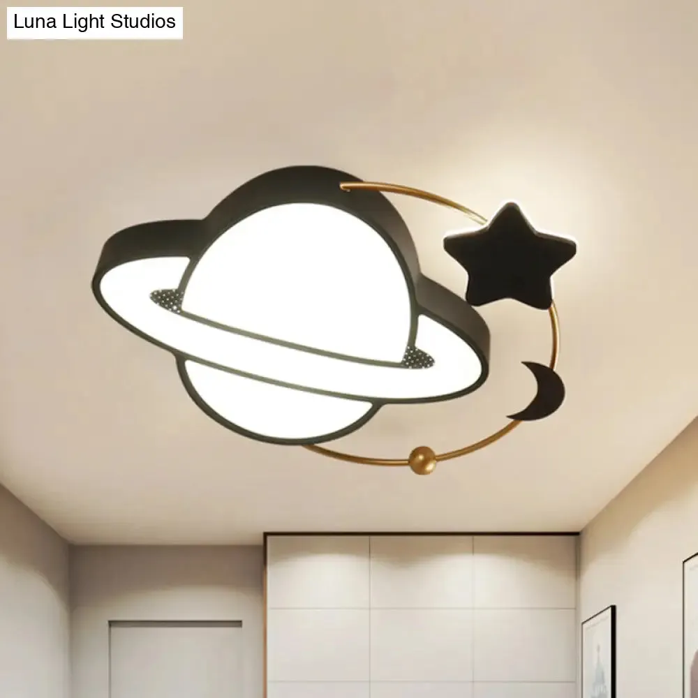 Modern LED Planet Flush Mount with Moon and Star Design - Black Acrylic Ceiling Light Fixture