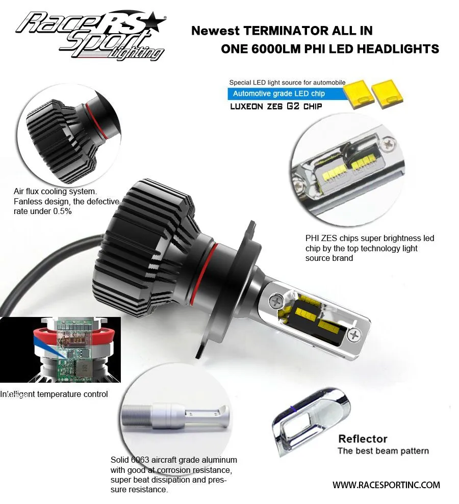 Race Sport RS Lighting (9006 Fan-less LED Conversion Headlight Kit) Terminator Series 9006TLED