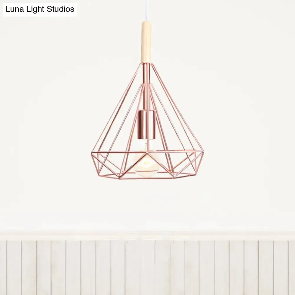 Rose Gold Diamond Metal Cage Pendant Light - Nordic Industrial Ceiling Hanging Lamp