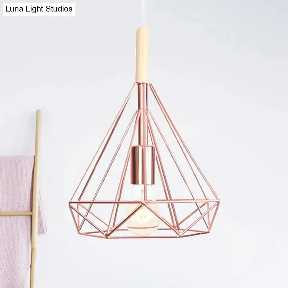 Rose Gold Diamond Metal Cage Pendant Light - Nordic Industrial Ceiling Hanging Lamp