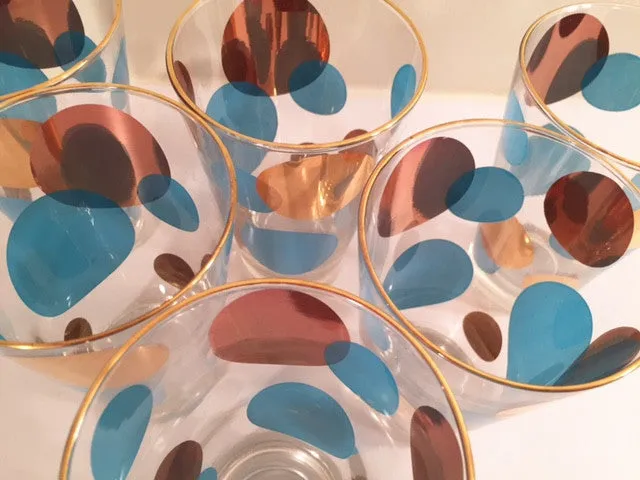Russel Wright Mid-Century Bright Blue & 22-Karat Gold Eclipse Tumbler Glasses (Set of 6)