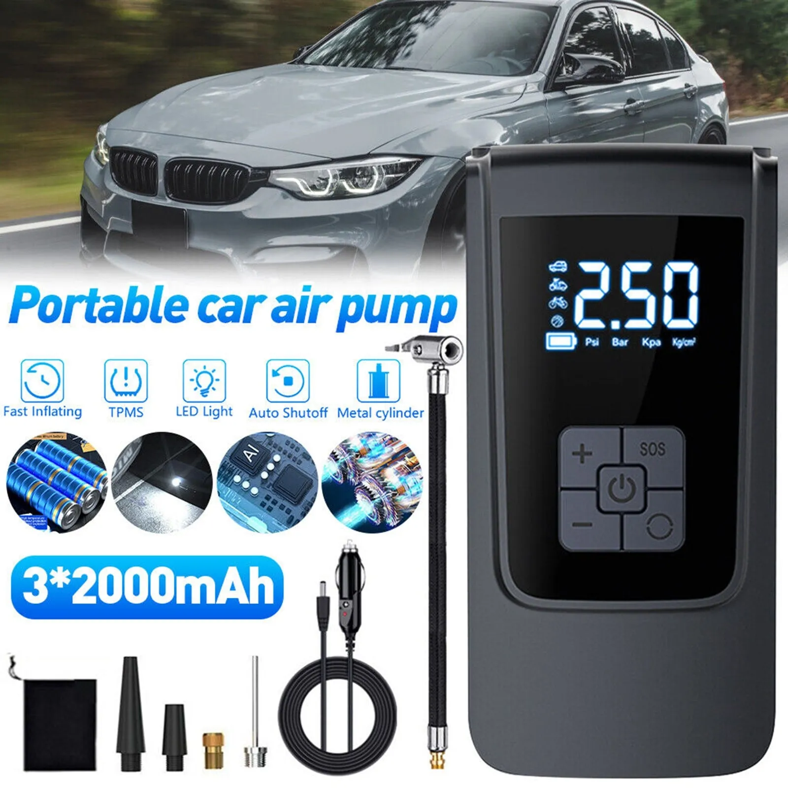 Tire Inflator Portable Air Compressor 6000mAh Cordless DC12V