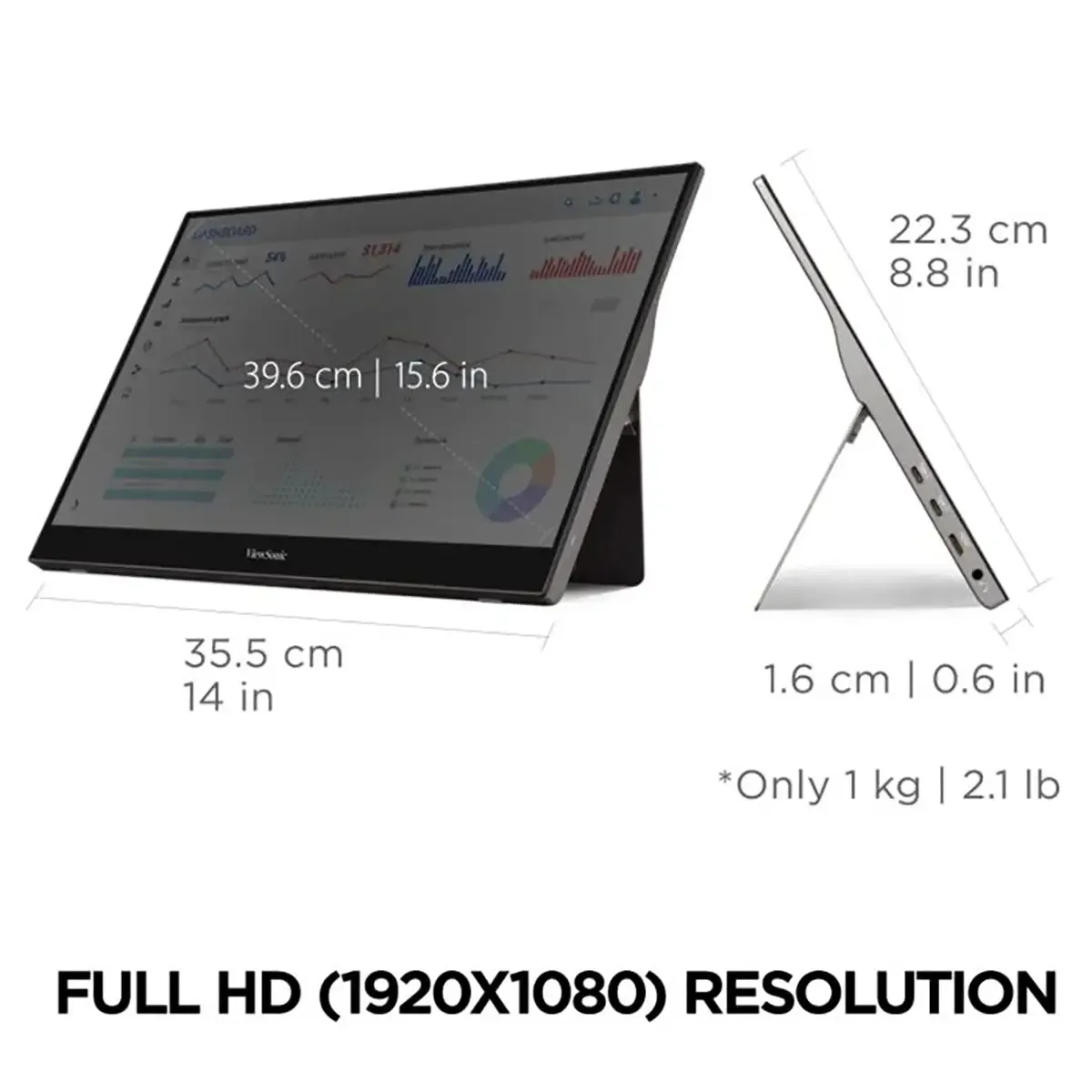 ViewSonic TD1655 - 15.6" Portable 1080p IPS Touch Monitor with 60W USB C and mini-HDMI