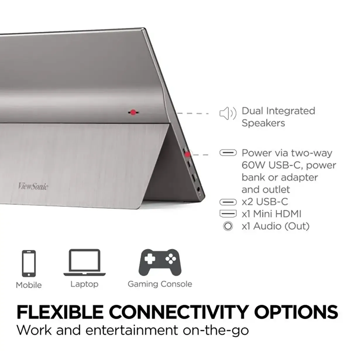 ViewSonic TD1655 - 15.6" Portable 1080p IPS Touch Monitor with 60W USB C and mini-HDMI