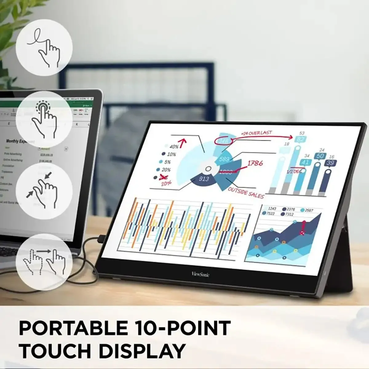 ViewSonic TD1655 - 15.6" Portable 1080p IPS Touch Monitor with 60W USB C and mini-HDMI