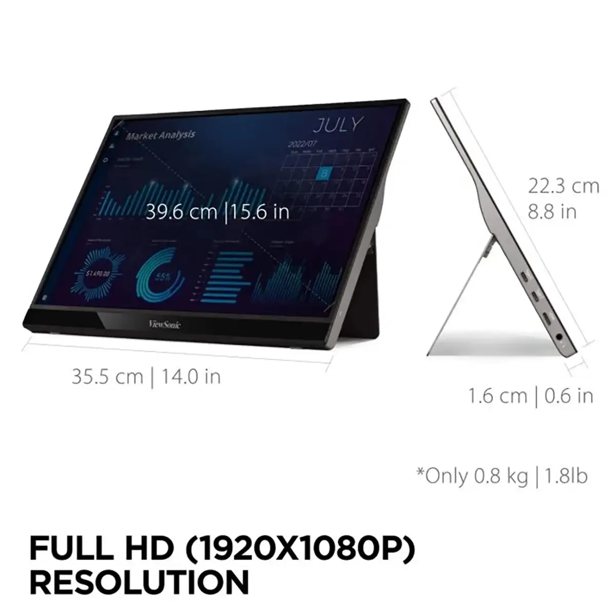 ViewSonic VG1655 - 15.6" Portable 1080p IPS Monitor with 60W USB C and mini-HDMI