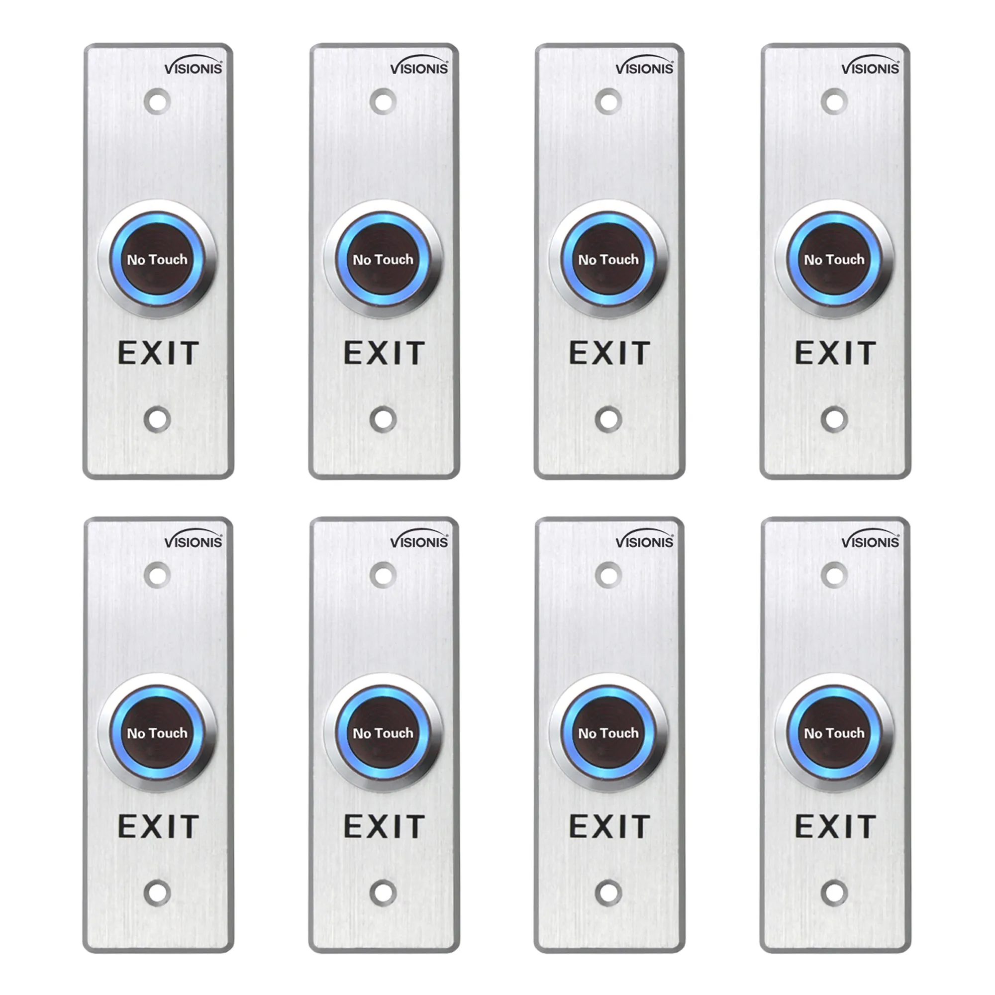 Visionis 8 Pack FPC-7564 VIS-7028 Indoor Stainless Steel No Touch Infrared Request To Exit Button With Time Delay Slim Size LED Light NC COM And NO Outputs