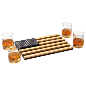 Whiskey Glasses – United States Constitution - Wood American Flag Tray & Set of 4 We The People 10oz America Glassware, Old Fashioned Rocks Glass, Freedom Of Speech Law Gift Set US Patriotic by The Wine Savant